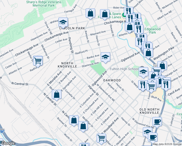 map of restaurants, bars, coffee shops, grocery stores, and more near 721 East Quincy Avenue in Knoxville
