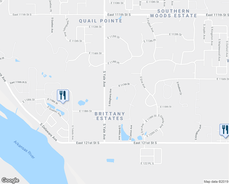 map of restaurants, bars, coffee shops, grocery stores, and more near 5008 East 117th Street in Tulsa
