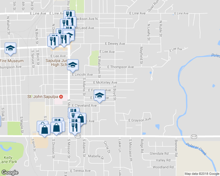 map of restaurants, bars, coffee shops, grocery stores, and more near 1335 East Fairview Avenue in Sapulpa