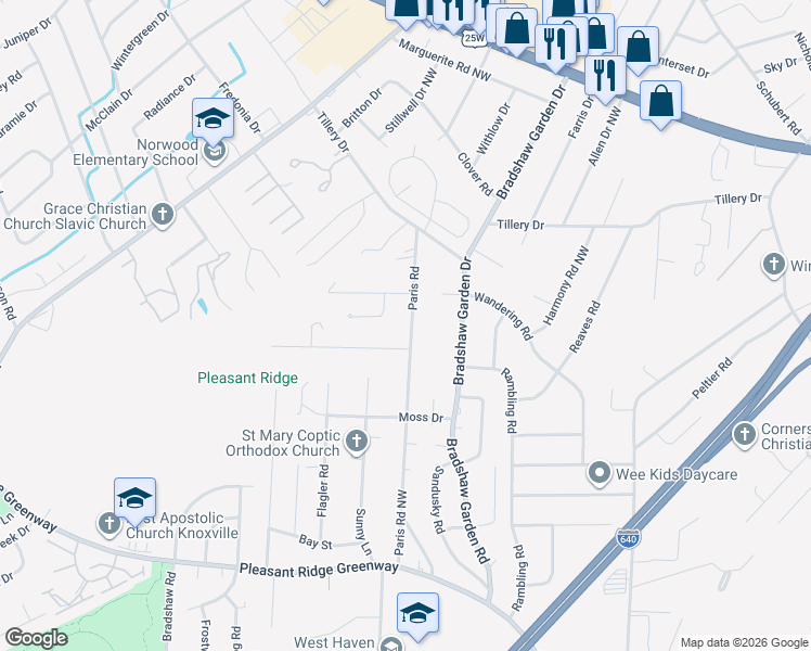 map of restaurants, bars, coffee shops, grocery stores, and more near 1605 Paris Road in Knoxville