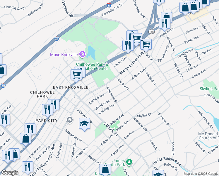 map of restaurants, bars, coffee shops, grocery stores, and more near 3301 Ashland Avenue in Knoxville