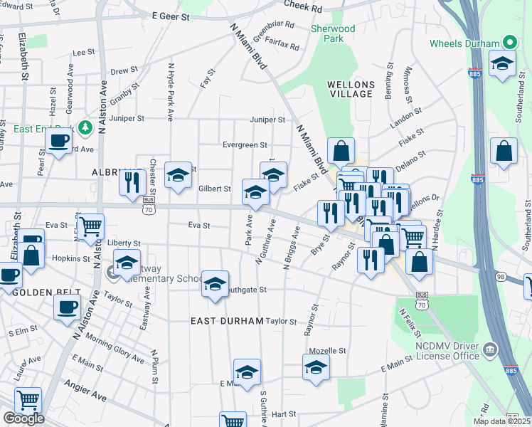 map of restaurants, bars, coffee shops, grocery stores, and more near 1410 Holloway Street in Durham