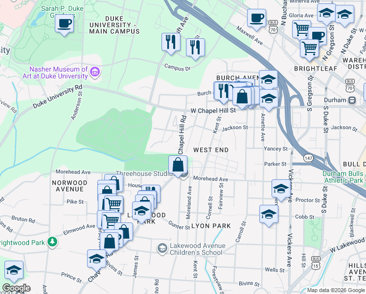 map of restaurants, bars, coffee shops, grocery stores, and more near 880 Estes Street in Durham