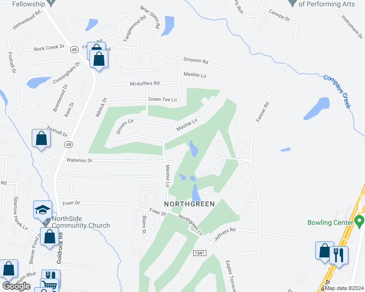 map of restaurants, bars, coffee shops, grocery stores, and more near 1100 Waterloo Court in Rocky Mount