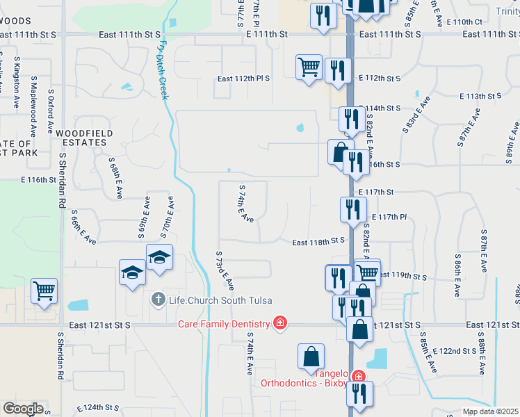 map of restaurants, bars, coffee shops, grocery stores, and more near 11640 South 75th East Avenue in Bixby