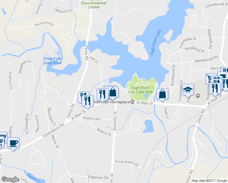 map of restaurants, bars, coffee shops, grocery stores, and more near 98 Cedar Creek in Jamestown
