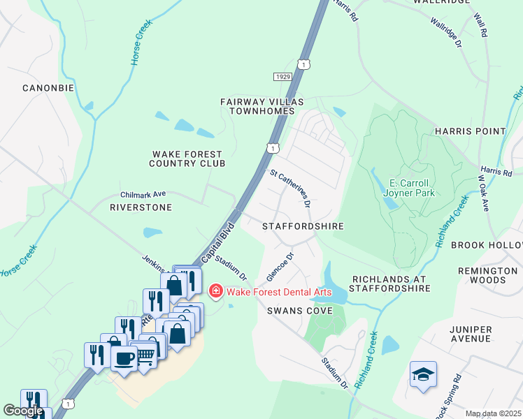 map of restaurants, bars, coffee shops, grocery stores, and more near 991 West Durness Court in Wake Forest