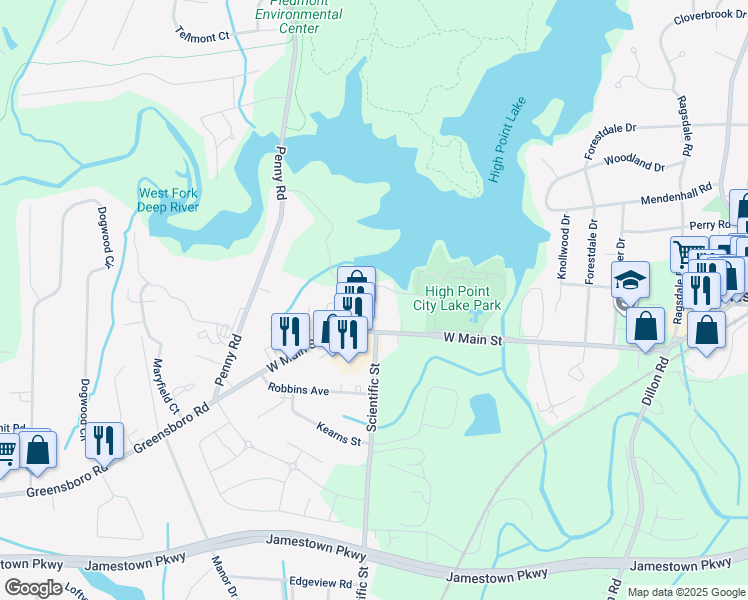 map of restaurants, bars, coffee shops, grocery stores, and more near 16 Cedar Creek in Jamestown