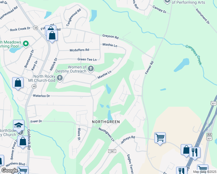 map of restaurants, bars, coffee shops, grocery stores, and more near Mashie Lane in Rocky Mount