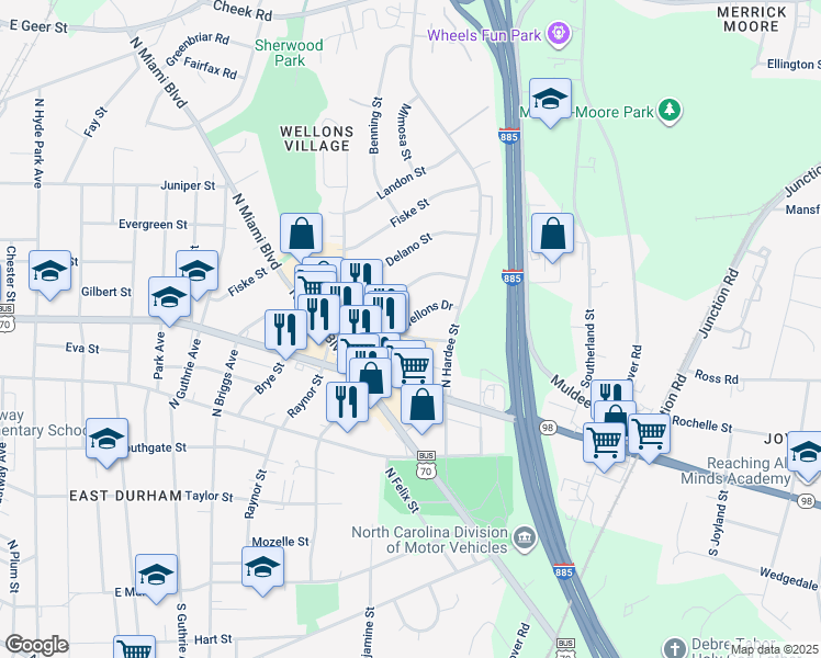 map of restaurants, bars, coffee shops, grocery stores, and more near 1102 Wellons Drive in Durham