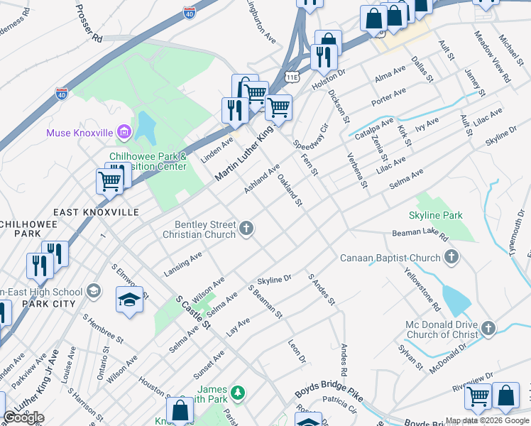 map of restaurants, bars, coffee shops, grocery stores, and more near 3438 Lansing Avenue in Knoxville