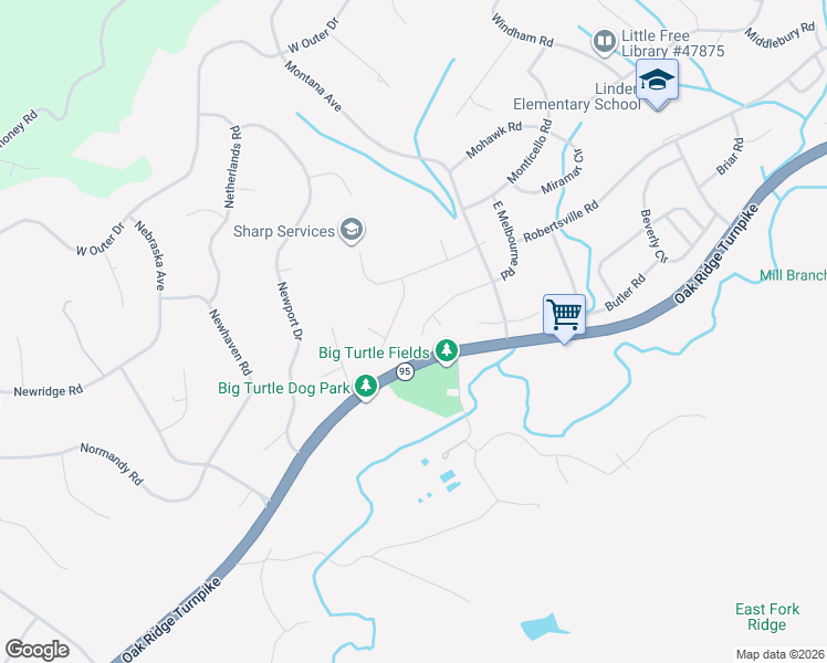 map of restaurants, bars, coffee shops, grocery stores, and more near 111 Maltese Lane in Oak Ridge