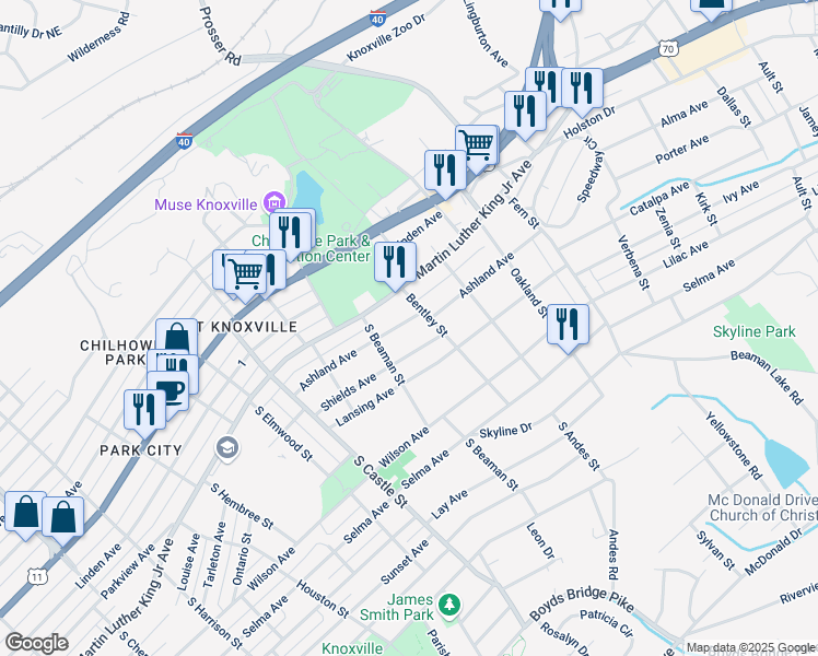 map of restaurants, bars, coffee shops, grocery stores, and more near 3328 Ashland Avenue in Knoxville
