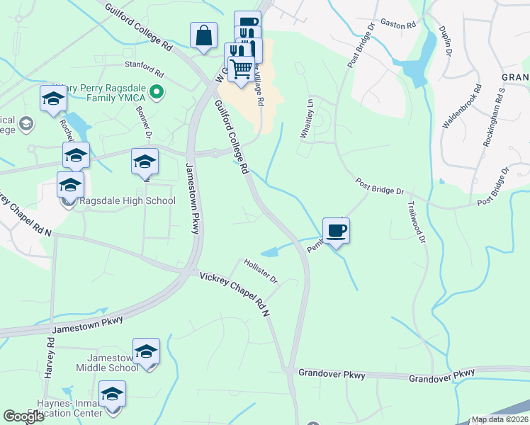 map of restaurants, bars, coffee shops, grocery stores, and more near 4312 Guilford College Road in Greensboro