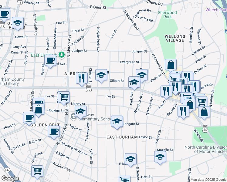 map of restaurants, bars, coffee shops, grocery stores, and more near 1206 Holloway Street in Durham