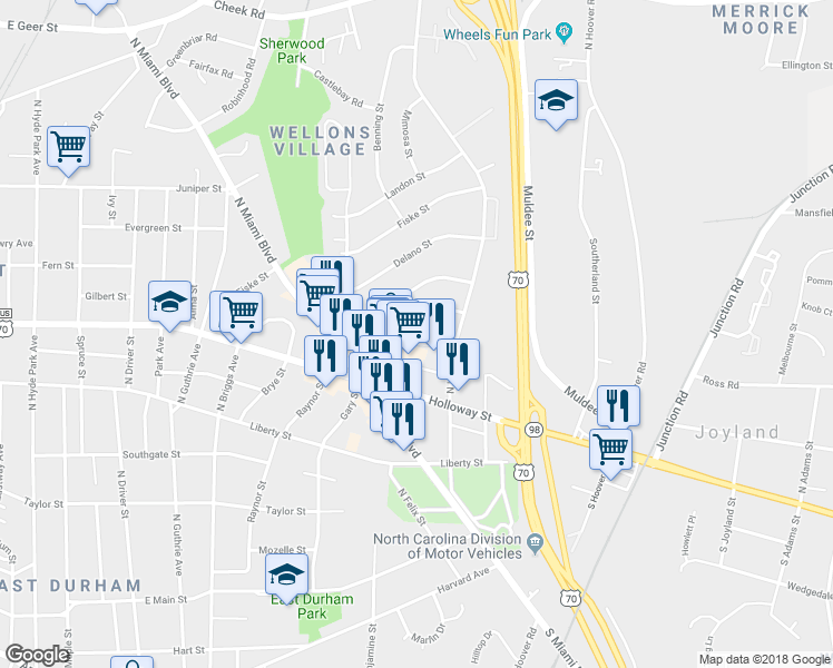 map of restaurants, bars, coffee shops, grocery stores, and more near 1102 Wellons Drive in Durham