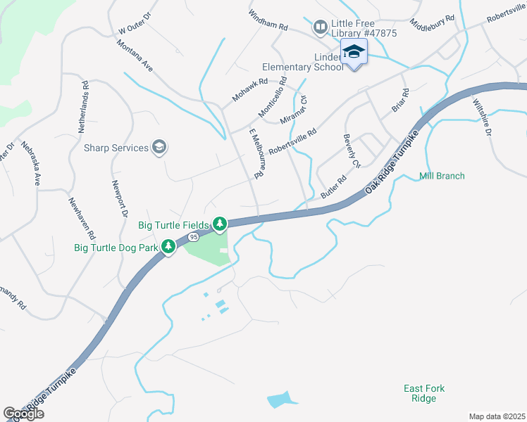 map of restaurants, bars, coffee shops, grocery stores, and more near 100 Montana Avenue in Oak Ridge