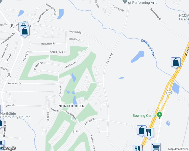 map of restaurants, bars, coffee shops, grocery stores, and more near 136 Browning Lane in Rocky Mount