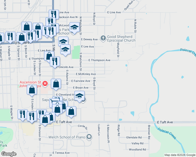map of restaurants, bars, coffee shops, grocery stores, and more near 1407 East Fairview Avenue in Sapulpa