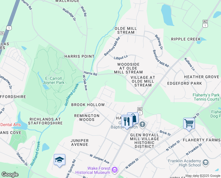 map of restaurants, bars, coffee shops, grocery stores, and more near 352 Rocky Crest Lane in Wake Forest