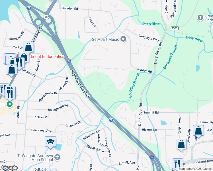 map of restaurants, bars, coffee shops, grocery stores, and more near 1733 Stoneybrook Drive in High Point