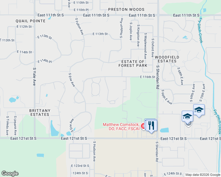 map of restaurants, bars, coffee shops, grocery stores, and more near 11629 South Hudson Court in Tulsa