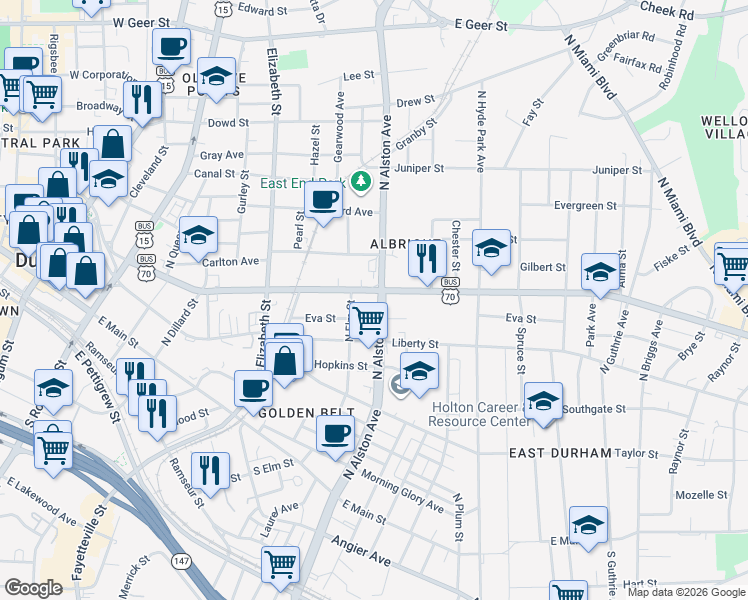 map of restaurants, bars, coffee shops, grocery stores, and more near 810 Holloway Street in Durham