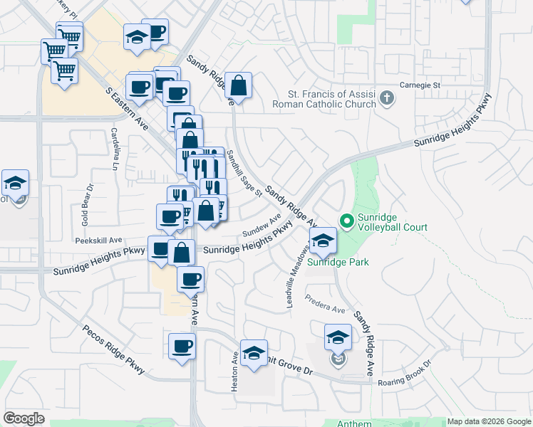 map of restaurants, bars, coffee shops, grocery stores, and more near 2542 Sundew Avenue in Henderson