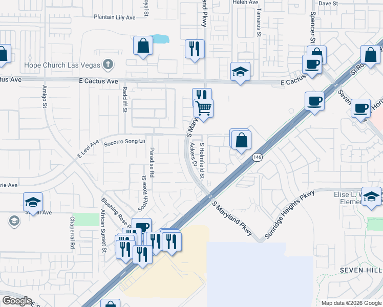map of restaurants, bars, coffee shops, grocery stores, and more near 10765 Ackers Drive in Henderson