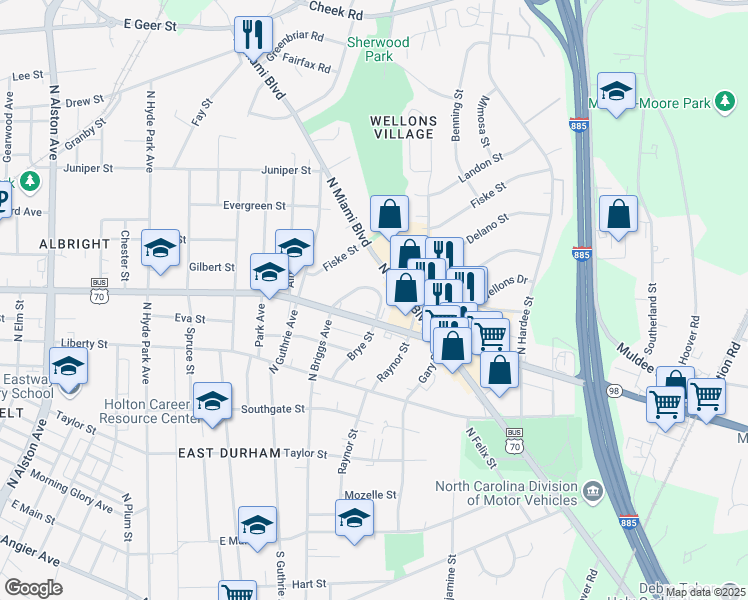 map of restaurants, bars, coffee shops, grocery stores, and more near 1777 Holloway Street in Durham