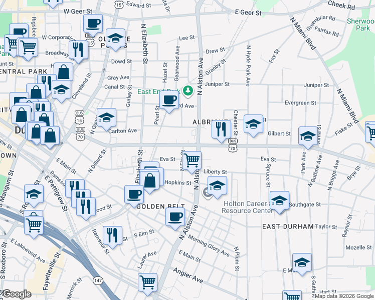 map of restaurants, bars, coffee shops, grocery stores, and more near 810 Holloway Street in Durham