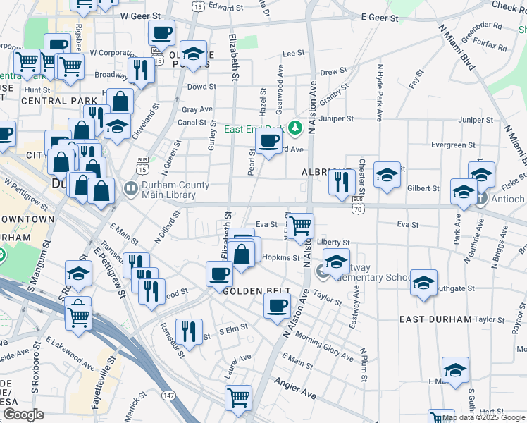 map of restaurants, bars, coffee shops, grocery stores, and more near 808 Railroad Street in Durham