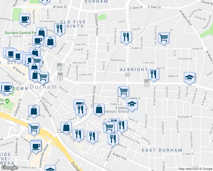 map of restaurants, bars, coffee shops, grocery stores, and more near 808 Railroad Street in Durham