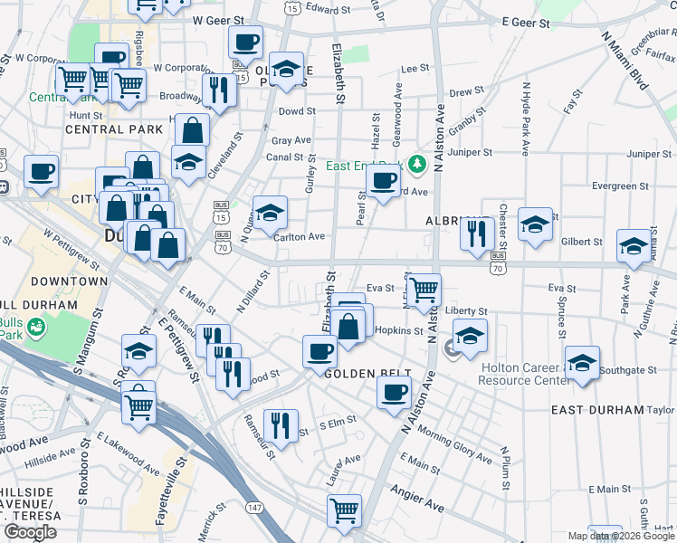 map of restaurants, bars, coffee shops, grocery stores, and more near 223 North Elizabeth Street in Durham