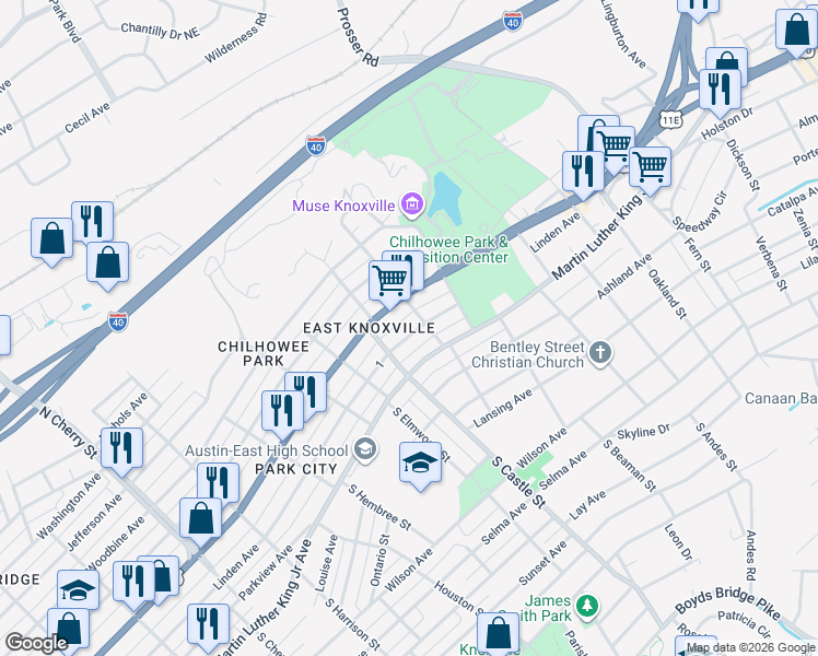 map of restaurants, bars, coffee shops, grocery stores, and more near 3115 Linden Avenue in Knoxville