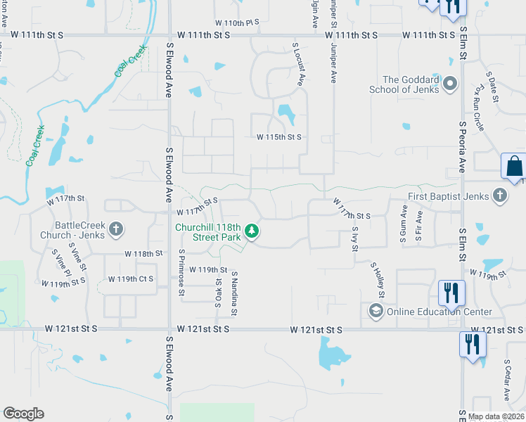 map of restaurants, bars, coffee shops, grocery stores, and more near 1429 West 117th Street South in Jenks