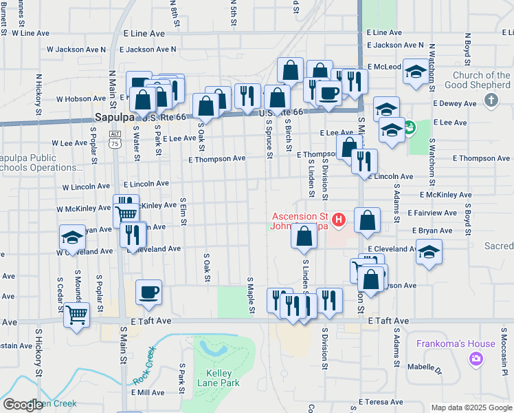 map of restaurants, bars, coffee shops, grocery stores, and more near 417 South Maple Street in Sapulpa
