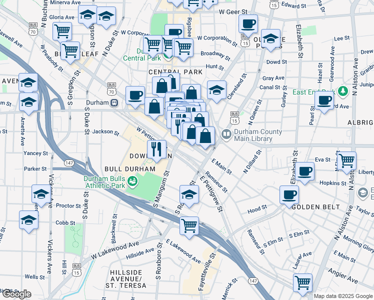 map of restaurants, bars, coffee shops, grocery stores, and more near 109 S Mangum St in Durham