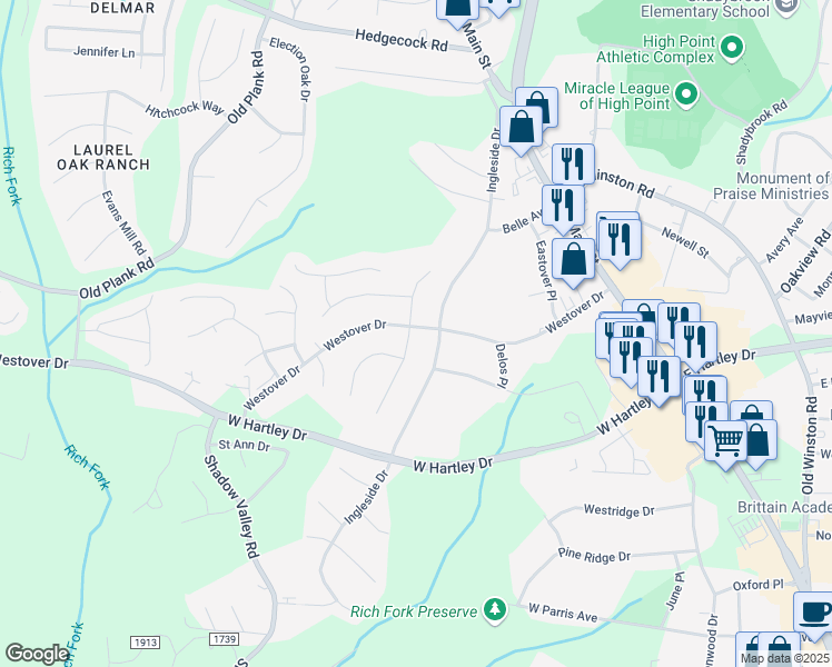 map of restaurants, bars, coffee shops, grocery stores, and more near 2808 Westgate Drive in High Point