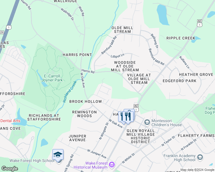 map of restaurants, bars, coffee shops, grocery stores, and more near 352 Rocky Crest Lane in Wake Forest