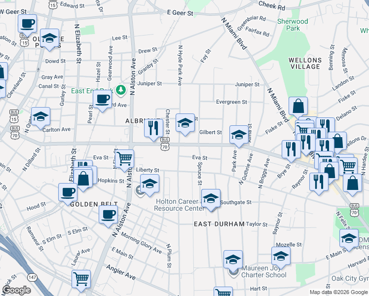 map of restaurants, bars, coffee shops, grocery stores, and more near 803 North Hyde Park Avenue in Durham