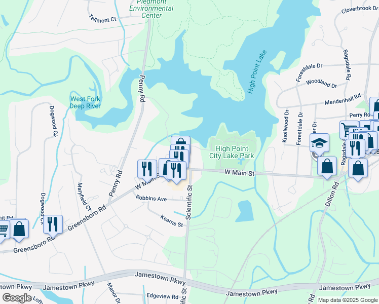 map of restaurants, bars, coffee shops, grocery stores, and more near 14 Cedar Creek in Jamestown