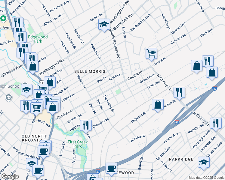 map of restaurants, bars, coffee shops, grocery stores, and more near 2100 Cecil Avenue in Knoxville