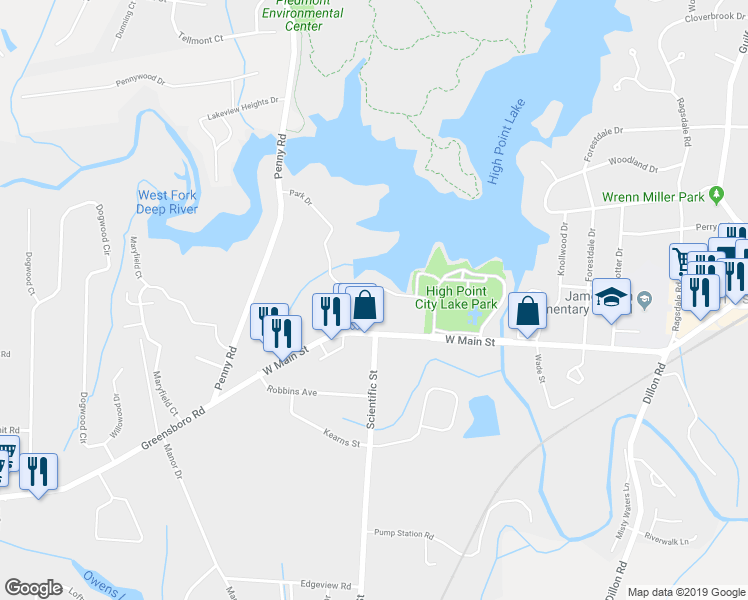 map of restaurants, bars, coffee shops, grocery stores, and more near 14 Cedar Creek in Jamestown