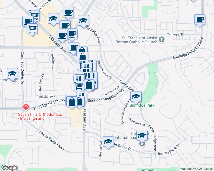 map of restaurants, bars, coffee shops, grocery stores, and more near 2554 New Morning Avenue in Henderson