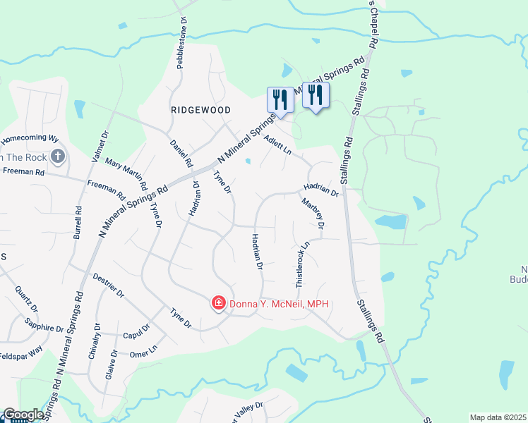 map of restaurants, bars, coffee shops, grocery stores, and more near 5804 Hadrian Drive in Durham