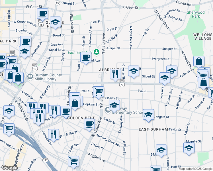 map of restaurants, bars, coffee shops, grocery stores, and more near 908 Holloway Street in Durham