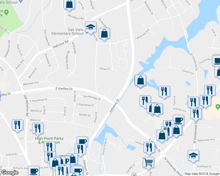 map of restaurants, bars, coffee shops, grocery stores, and more near 3021 Windchase Court in High Point