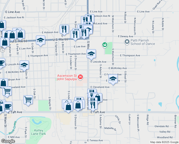 map of restaurants, bars, coffee shops, grocery stores, and more near 414 South Mission Street in Sapulpa