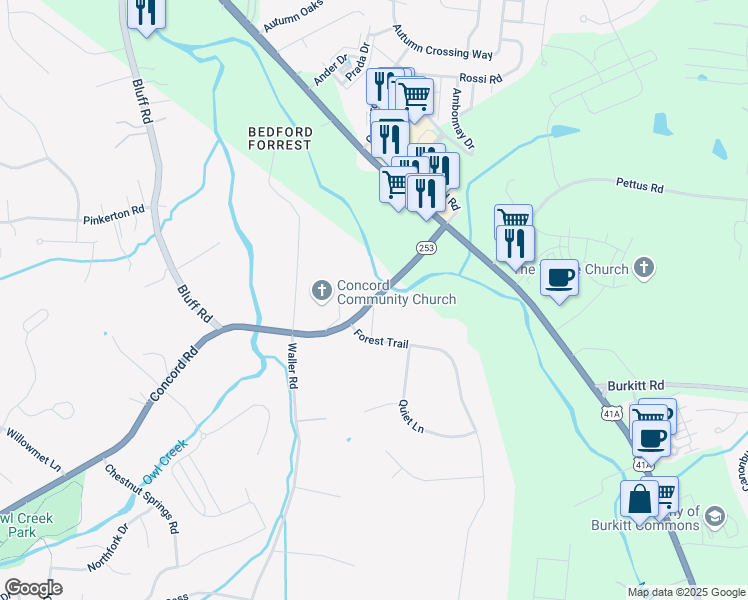 map of restaurants, bars, coffee shops, grocery stores, and more near 9853 Concord Road in Brentwood